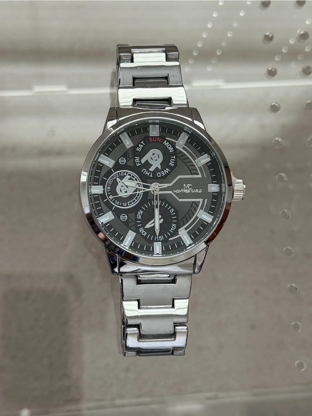 Montre Carlo Stainless Steel Men's Watch - Silver Tone, Black Dial NWOT